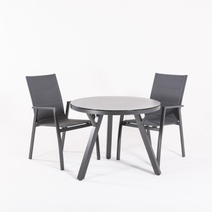 Mesa de jardim redonda de vidro para exterior e 4 poltronas acolchoadas em antracite