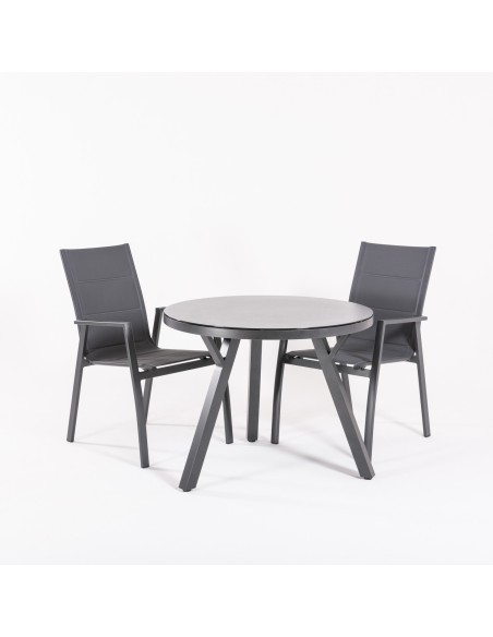 Mesa de jardim redonda de vidro para exterior e 4 poltronas acolchoadas em antracite