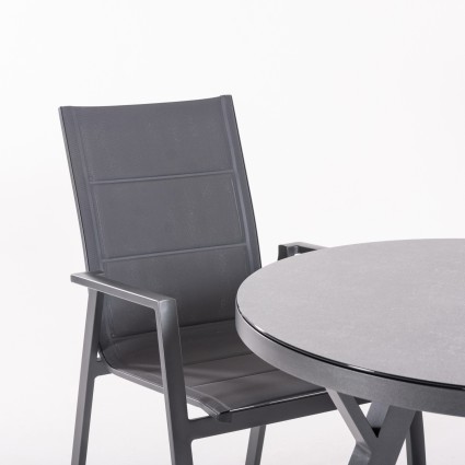 Mesa de jardim redonda de vidro para exterior e 4 poltronas acolchoadas em antracite