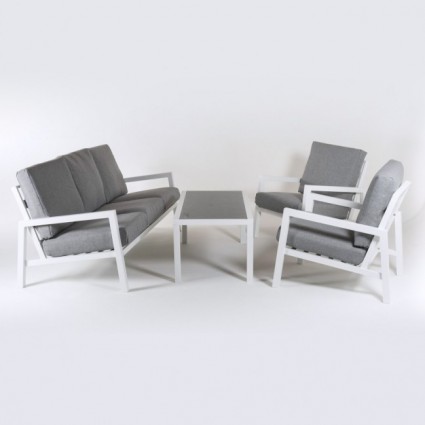 Conjunto de sofás de jardim, sofá de 3 lugares + 2 poltronas + mesa de centro, alumínio reforçado branco e almofadas cinza