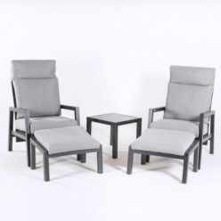 Conjunto de relaxamento no jardim, 2 cadeiras reclináveis, 2 apoios para os pés e 1 mesa lateral