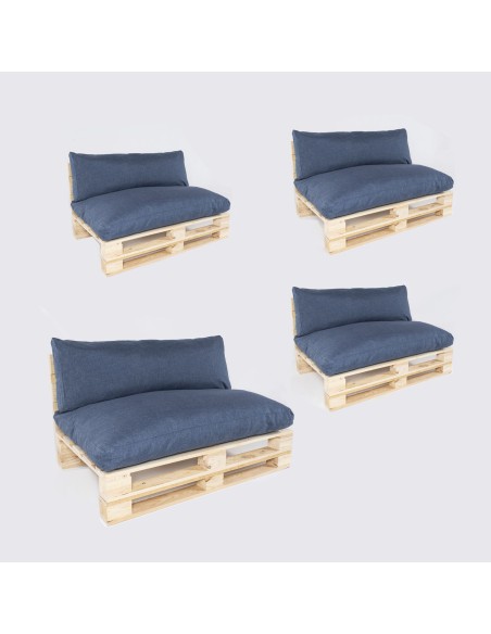 Sofá para paletes com almofadas removíveis, assento com encosto em olefina azul - Pacote de 4 unidades
