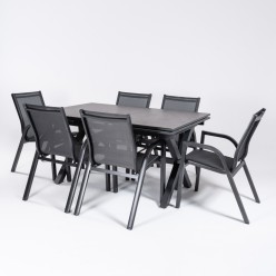 Conjunto de exterior de mesa 150/250 Antracita con cristal tipo piedra y 6 sillones reforzados
