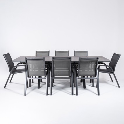 Conjunto de mesa exterior 150-250 Antracite com vidro tipo pedra e 6 poltronas reforcadas