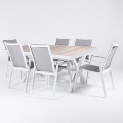Conjunto de exterior mesa extensible 162/202 aluminio y 6 sillones acolchados blanco