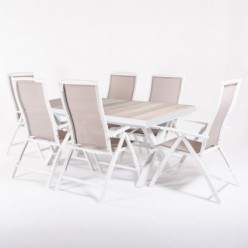 Conjunto mesa aluminio para jardín extensible 162/202 blanco y 6 sillones posiciones