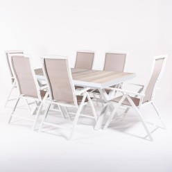 Ensemble table de jardin extensible en aluminium 162/202 laver avec lattes en ceramique et fauteuils 6 positions