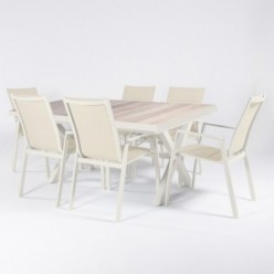Conjunto para jardín mesa extensible 202/264 de aluminio color blanco roto y 6 sillas acolchadas