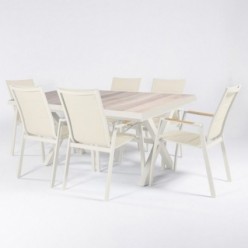 Conjunto de exterior con mesa extensible 202/264 de aluminio y color blanco roto con 6 sillones