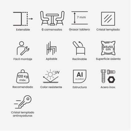 Conjunto mesa extensible 80/160 y 4 sillones jardin reclinables Laver