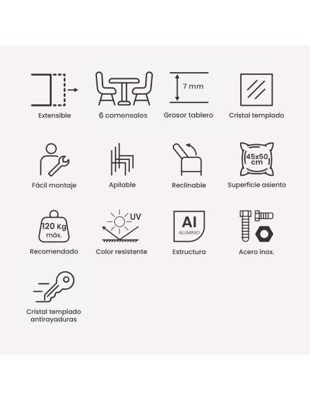 Conjunto mesa extensible 80/160 y 4 sillones jardin reclinables Laver