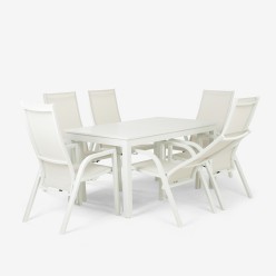 Conjunto de mesas e poltronas extensíveis de jardim 150-200x90 e 6 poltronas reclináveis hidráulicas Laver