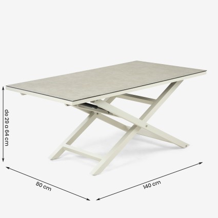 Mesa elevavel de jardim 140x80  y   29 a 64 aluminio branco