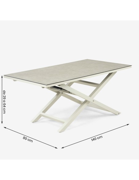 Table de jardin relevable 140x80 / 29 à 64 aluminium blanc