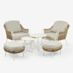 Conjunto Olivia de mesas y sillones de exterior 50/60 con reposapies en aluminio blanco