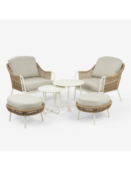 Conjunto Olivia de mesas y sillones de exterior 50/60 con reposapies en aluminio blanco