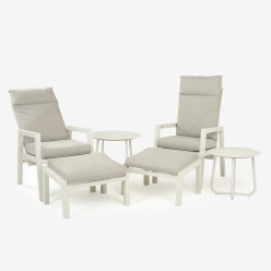 Conjunto de jardin de mesas de exterior 50/60 Olivia y sillones reclinables COMO con reposapies en aluminio blanco
