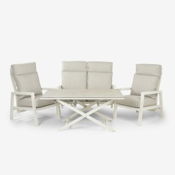 Conjunto de exterior de mesa elevadora de jardin, sillones de 140x80 y sofa reclinable de dos plazas COMO en aluminio blanco