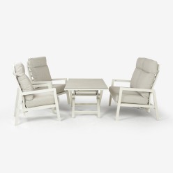 Conjunto de exterior de mesa elevadora de jardin, sillones de 140x80 y sofa reclinable de dos plazas COMO en aluminio blanco 2