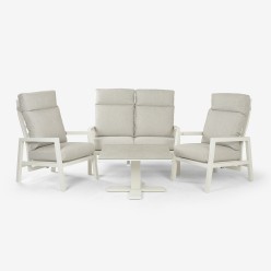 Conjunto mesa elevable de jardin 80x80, sillones y sofa reclinable de aluminio blanco roto.