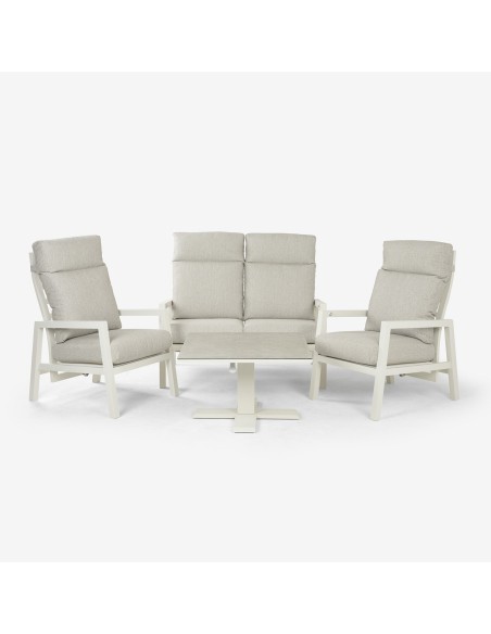 Conjunto mesa elevable de jardin 80x80, sillones y sofa reclinable de aluminio blanco roto.
