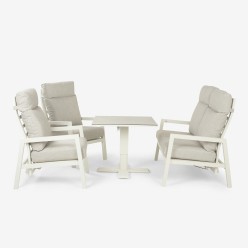 Conjunto mesa elevable de jardin 80x80, sillones y sofa reclinable de aluminio blanco roto. 2