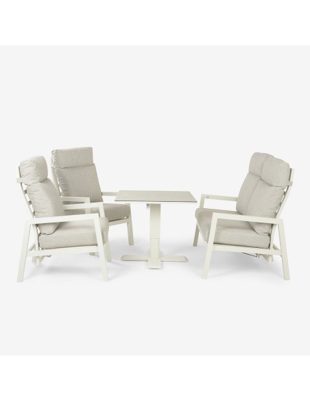 Conjunto mesa elevable de jardin 80x80, sillones y sofa reclinable de aluminio blanco roto.