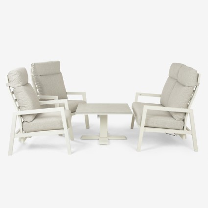Conjunto mesa elevable de jardin 80x80, sillones y sofa reclinable de aluminio blanco roto.