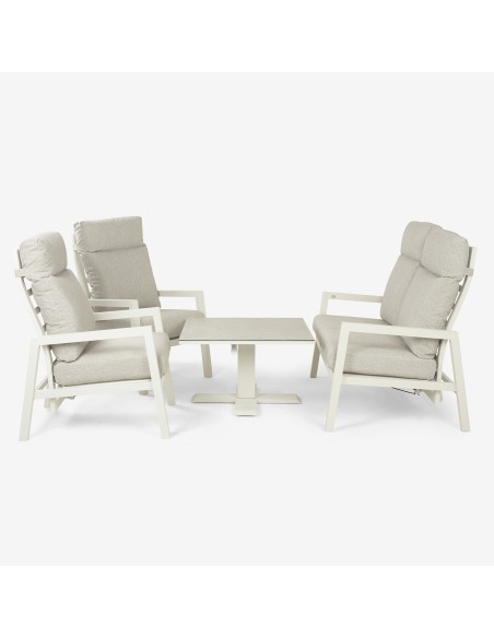 Conjunto mesa elevable de jardin 80x80, sillones y sofa reclinable de aluminio blanco roto.