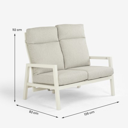 Conjunto mesa elevable de jardin 80x80, sillones y sofa reclinable de aluminio blanco roto.