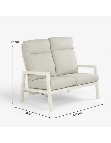 Conjunto mesa elevable de jardin 80x80, sillones y sofa reclinable de aluminio blanco roto.