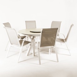 Conjunto de mesa redonda em vidro 150cm e 6 cadeirões malmo creme
