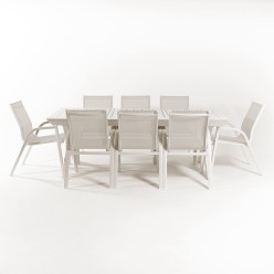 CONJUNTO MESA EXTENSIBLE 216-300 Y 8 SILLONES SUPER EN BLANCO ROTO