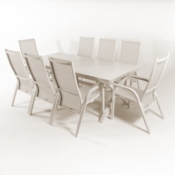 CONJUNTO DE JARDÍN EXTENSIBLE 216-300 Y 8 SILLONES HIDRÁULICO RECLINABLES BLANCO ROTO