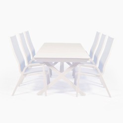 CONJUNTO EXTERIOR COM MESA EXTENSÍVEL 216-300 E 6 CADEIRAS DE ENCOSTO ALTO OFF-WHITE