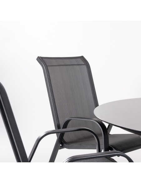 Salon de jardin avec table ronde en verre trempe 150 cm et 6 fauteuils renforces anthracite