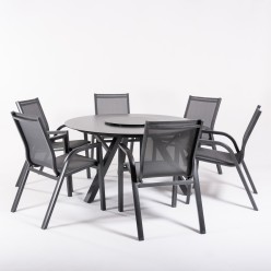 Conjunto para jardin con mesa redonda de cristal templado 150 cm y 6 sillones reforzados antracita