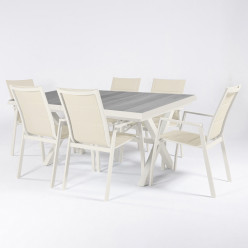 Conjunto de mesa exterior extensivel em aluminio 162/202 e 6 poltronas acolchoadas off-white