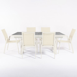 Conjunto de mesa exterior extensivel em aluminio 162/202 e 6 poltronas acolchoadas off-white 2