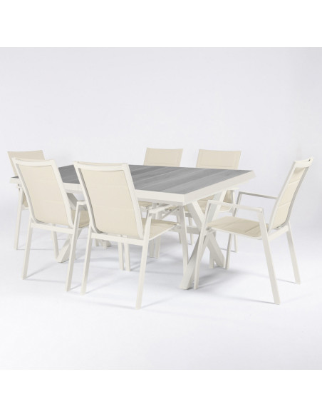Conjunto para jardin con mesa extensible 202/264 de aluminio color blanco roto y 6 sillas aluminio