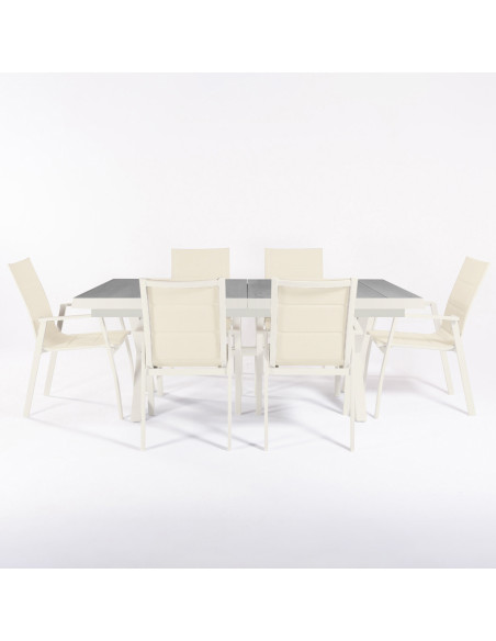 Conjunto de jardim com mesa extensivel de aluminio branco 202/264 e 6 cadeiras de aluminio