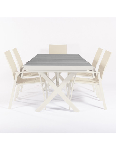 Conjunto de jardim com mesa extensivel de aluminio branco 202/264 e 6 cadeiras de aluminio
