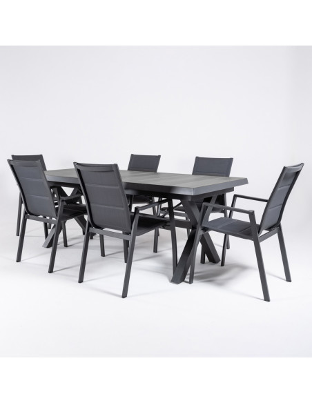 Conjunto exterior mesa extensivel em aluminio 162/202 com ripas e 6 poltronas acolchoadas antracite
