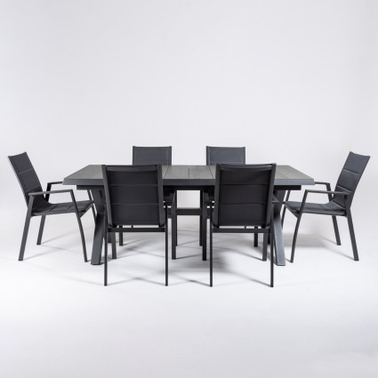 Conjunto exterior mesa extensivel em aluminio 162/202 com ripas e 6 poltronas acolchoadas antracite