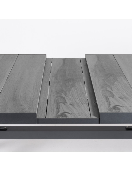 Conjunto exterior mesa extensivel em aluminio 162/202 com ripas e 6 poltronas acolchoadas antracite