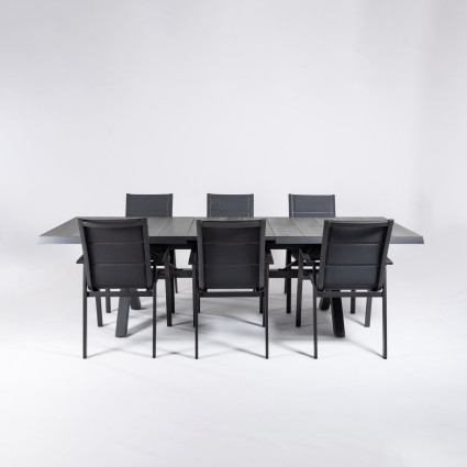 Conjunto exterior mesa extensivel em aluminio 162/202 com ripas e 6 poltronas acolchoadas antracite