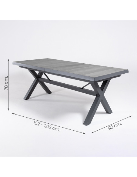 Conjunto exterior mesa extensivel em aluminio 162/202 com ripas e 6 poltronas acolchoadas antracite