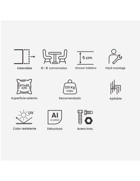 Conjunto de exterior mesa ext. 162/202 aluminio con laminas y 6 sillones acolchados antracita