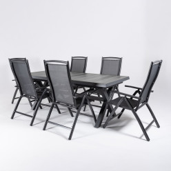 Conjunto mesa aluminio para jardin extensible 162/202 antracita con laminas de ceramica y 6 sillones posiciones