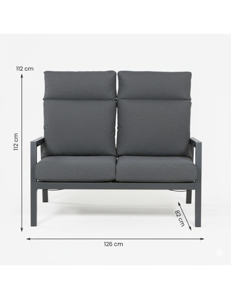 Conjunto exterior com mesa elevatoria de jardim 140x80, poltronas e sofa reclinavel COMO de dois lugares em aluminio antracite